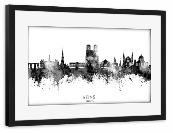 Poster mit Rahmen schwarz "Reims France Skyline BW Text" artboxONE - Städte,Schwarzweiß