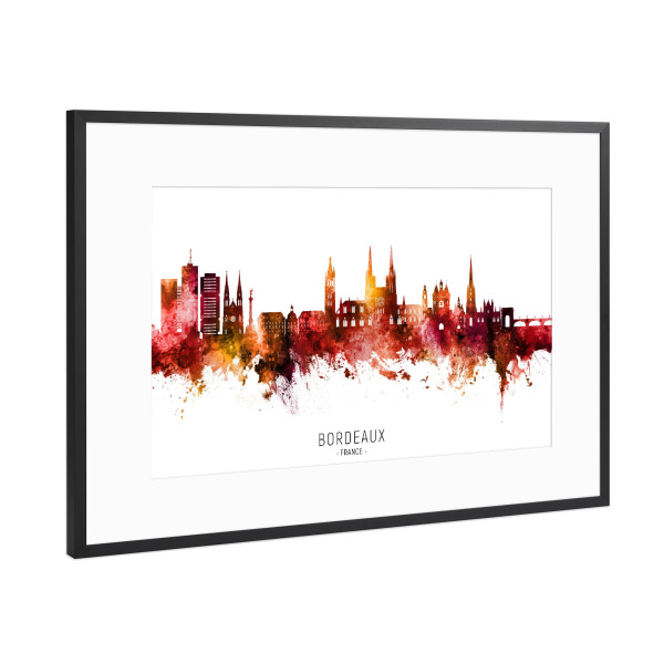 Poster mit Rahmen Schwarz (Metallic) "Bordeaux France Skyline Red Name" artboxONE - Städte