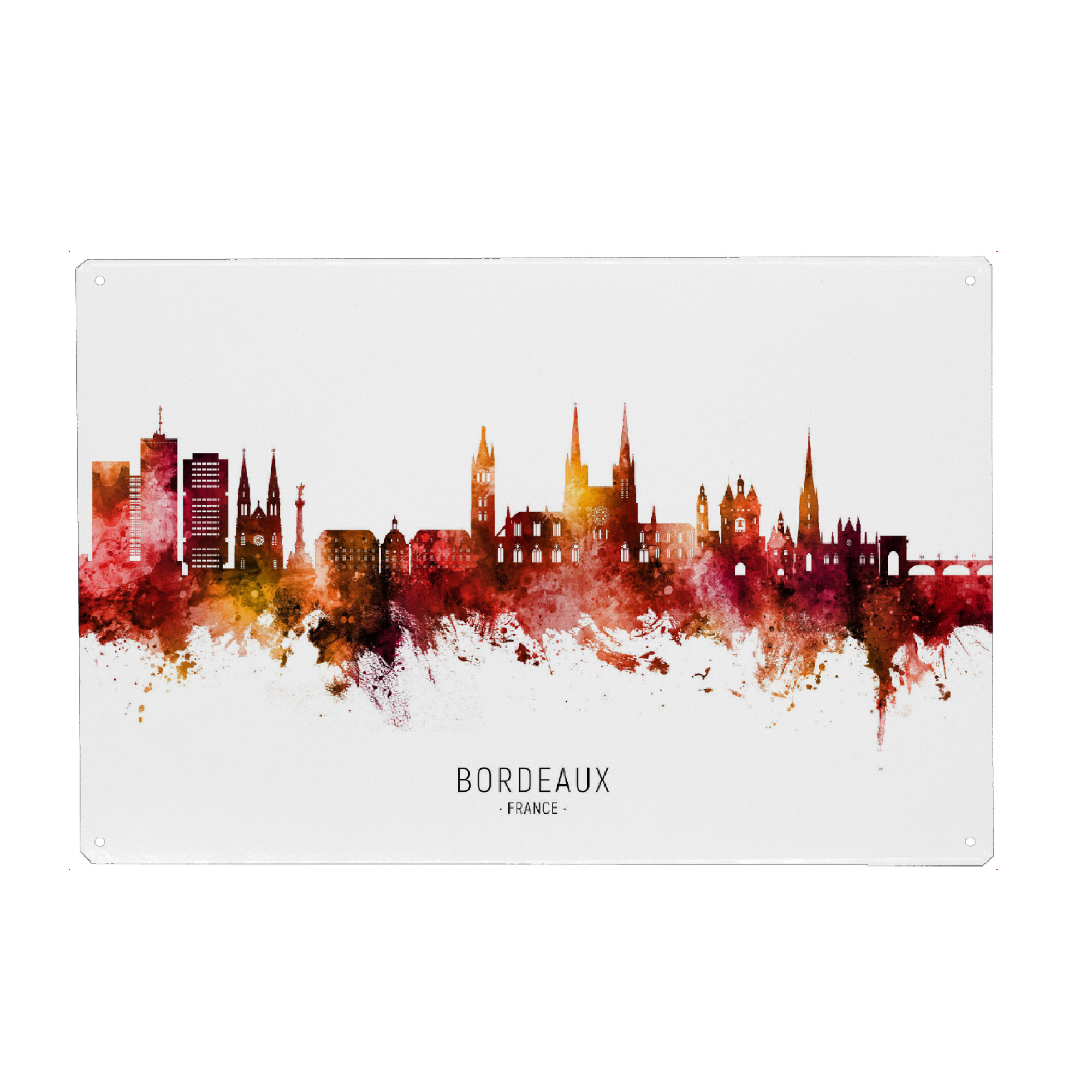 Holzbild "Bordeaux France Skyline Red Name" artboxONE - Städte - Bordeaux,France,Skyline,Cityscape,Stadtbild,Watercolor,Painting,City,Stadt,Frankreich