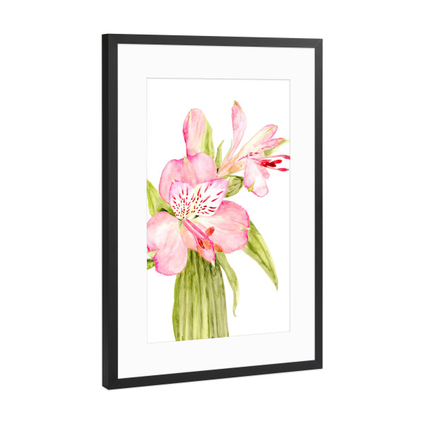 Poster mit Rahmen Schwarz (Metallic) "Pink watercolor alstroemeria" artboxONE - Floral