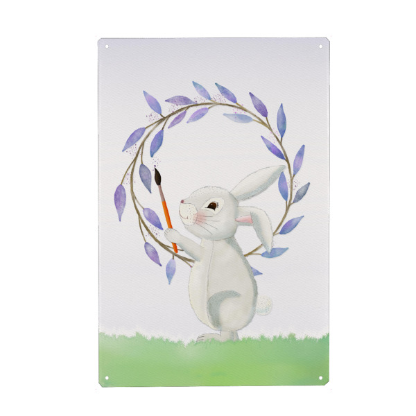 Metall Poster "Hase im Frühlingskranz" artboxONE - Für Kinder,Tiere,Liebe,Lustig