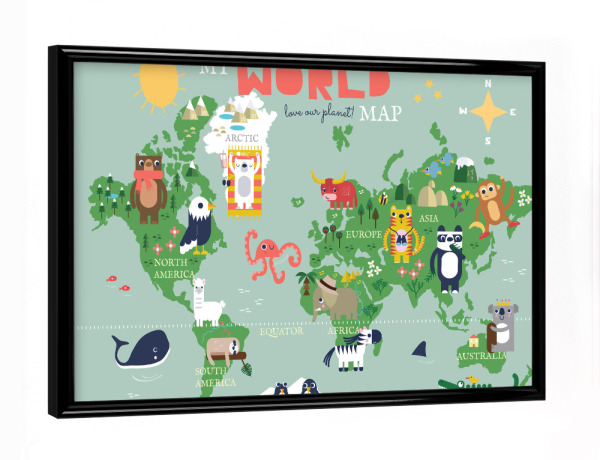 Poster mit schwarzem Rahmen "My World Map for Children" artboxONE - Für Kinder,Tiere,Kartografie,Lustig