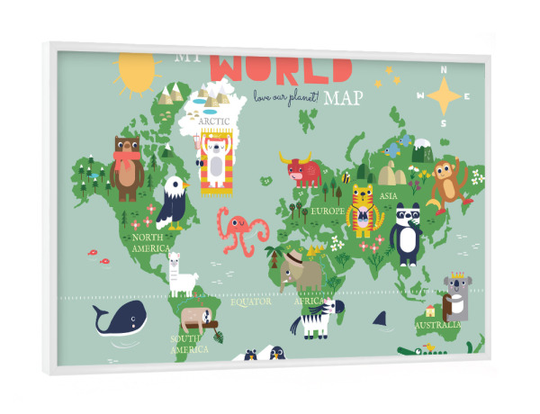 Poster mit weißem Rahmen "My World Map for Children" artboxONE - Für Kinder,Tiere,Kartografie,Lustig