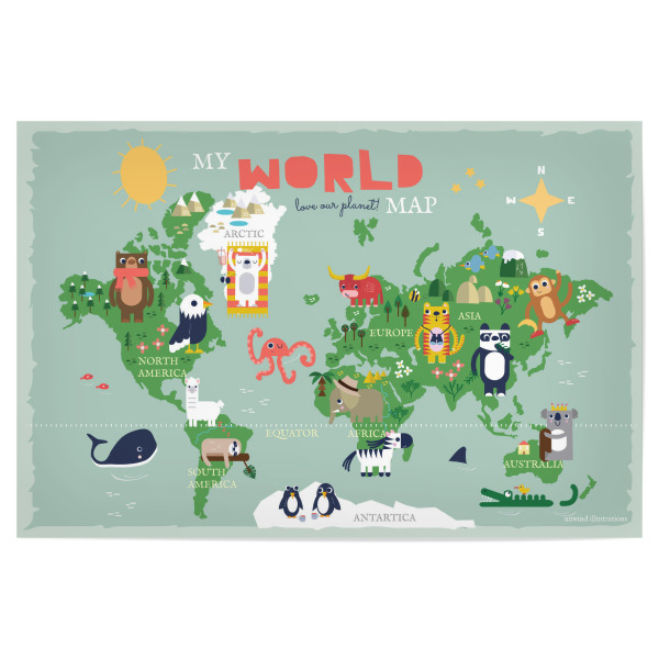 Poster "My World Map for Children" artboxONE - Für Kinder,Tiere,Kartografie,Lustig