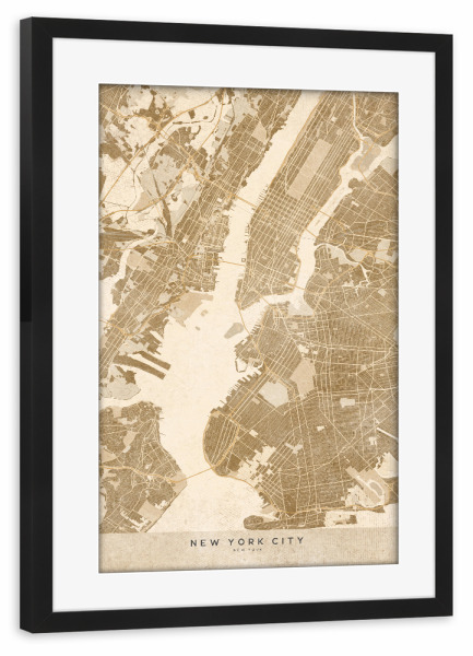 Poster mit Rahmen schwarz "Sepia vintage map of New York" artboxONE - Kartografie - Sepia,Vintage,Map,New york,Usa,United states,Manhattan,Brown,Beige