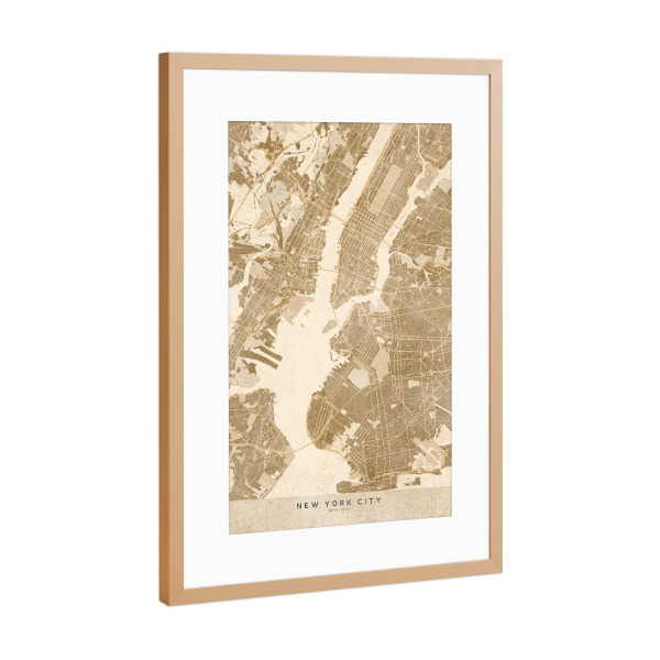 Poster mit Rahmen Kupfer "Sepia vintage map of New York" artboxONE - Kartografie - Sepia,Vintage,Map,New york,Usa,United states,Manhattan,Brown,Beige
