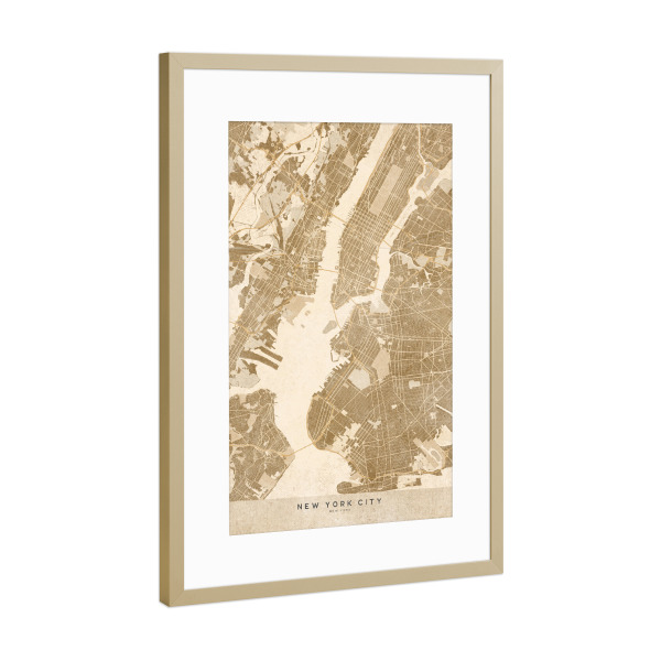 Poster mit Rahmen Gold "Sepia vintage map of New York" artboxONE - Kartografie - Sepia,Vintage,Map,New york,Usa,United states,Manhattan,Brown,Beige