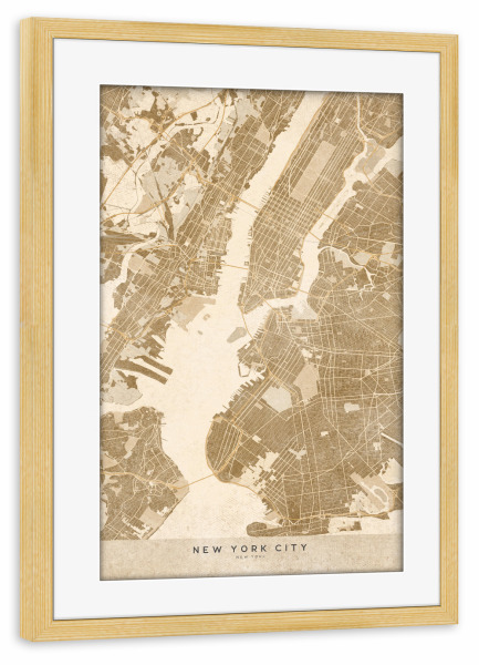 Poster mit Rahmen kiefer "Sepia vintage map of New York" artboxONE - Kartografie - Sepia,Vintage,Map,New york,Usa,United states,Manhattan,Brown,Beige