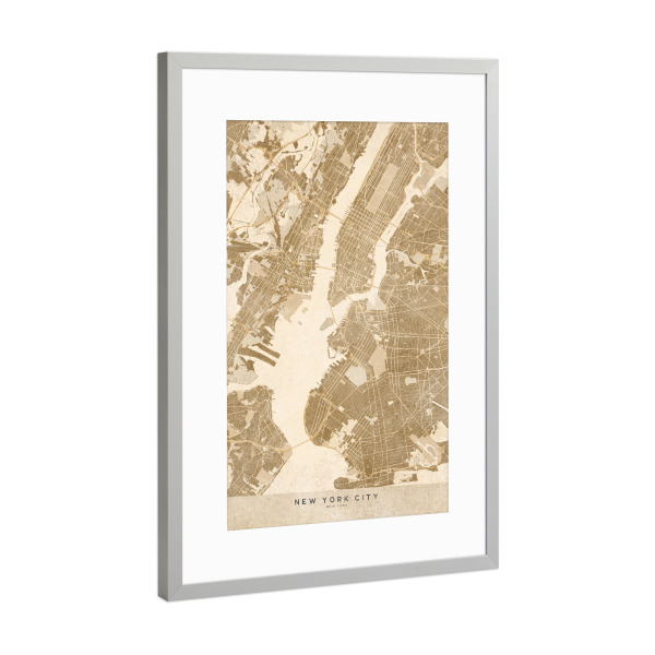Poster mit Rahmen Silber "Sepia vintage map of New York" artboxONE - Kartografie - Sepia,Vintage,Map,New york,Usa,United states,Manhattan,Brown,Beige