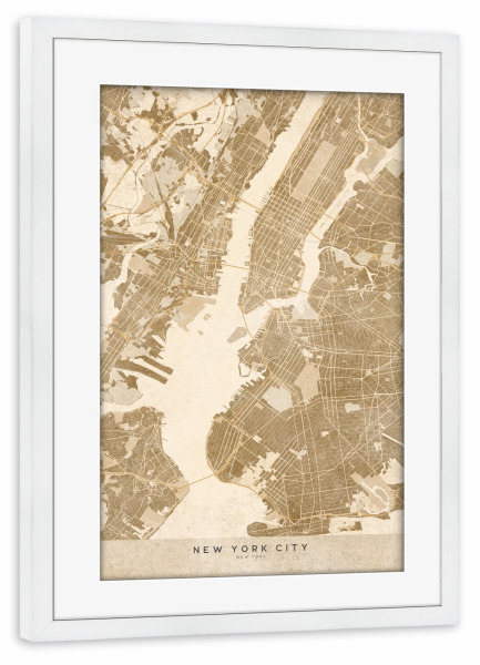 Poster mit Rahmen weiß "Sepia vintage map of New York" artboxONE - Kartografie - Sepia,Vintage,Map,New york,Usa,United states,Manhattan,Brown,Beige