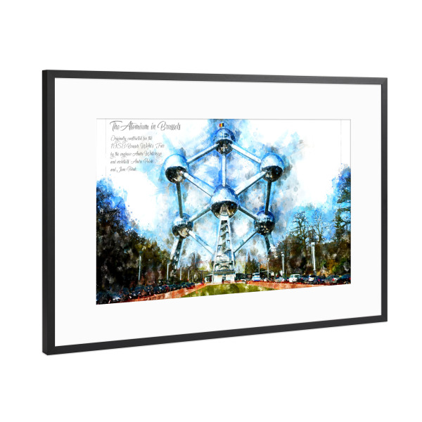 Poster mit Rahmen Schwarz (Metallic) "Atomium Brüssel Aquarell" artboxONE - Städte,Reise,Architektur