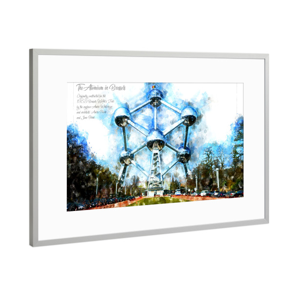 Poster mit Rahmen Silber "Atomium Brüssel Aquarell" artboxONE - Städte,Reise,Architektur
