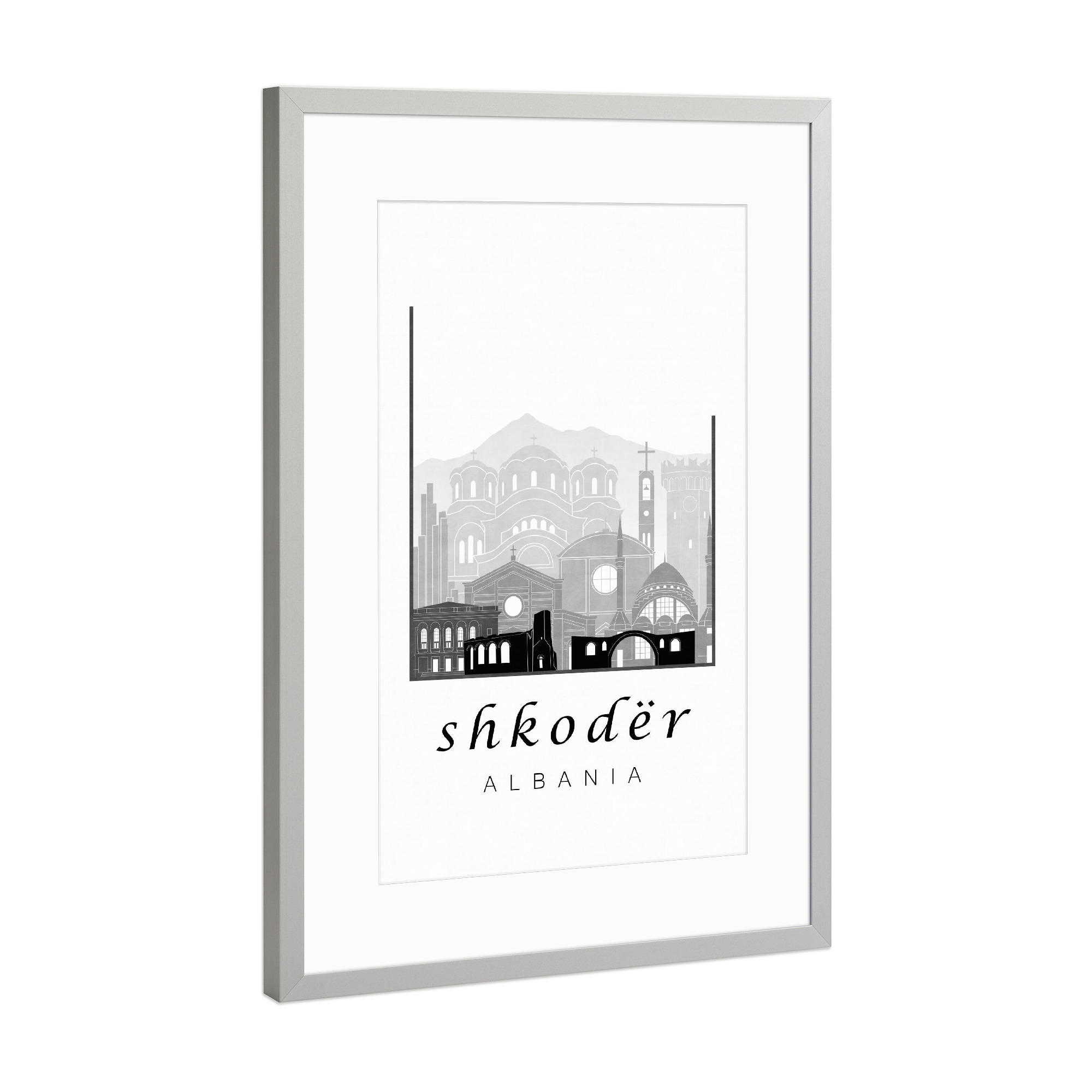 Poster mit Rahmen Silber "Shkoder skyline black white" artboxONE - Städte,Reise,Architektur,Kartografie