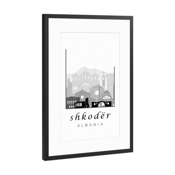 Poster mit Rahmen Schwarz (Metallic) "Shkoder skyline black white" artboxONE - Städte,Reise,Architektur,Kartografie