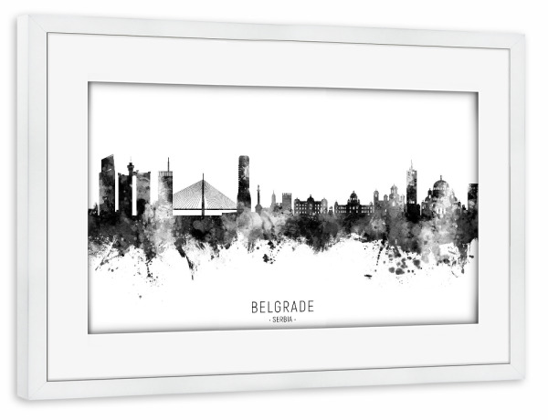 Poster mit Rahmen weiß "Belgrade Serbia Skyline BW Text" artboxONE - Städte