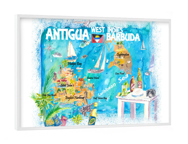 Poster mit weißem Rahmen "Antigua Illustrierte Karte" artboxONE - Reise,Reise / Strand und Meer,Kartografie