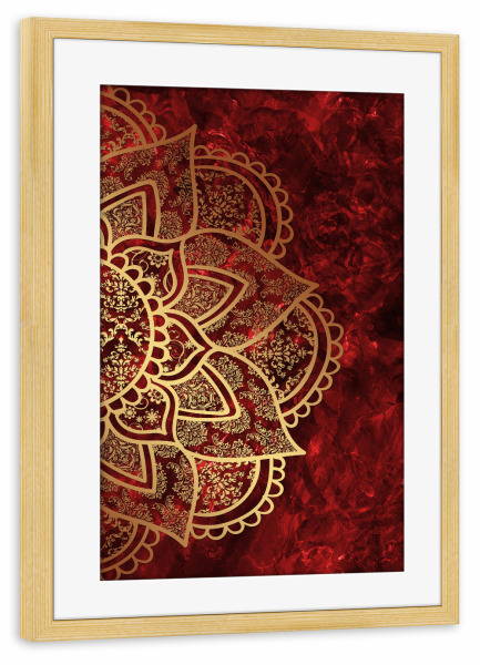Poster mit Rahmen kiefer "Mandala Ruby" artboxONE - Abstrakt - Mandala,Boho,Yoga,Arabic,Indian,Ethnic,Red,Ruby,Gold