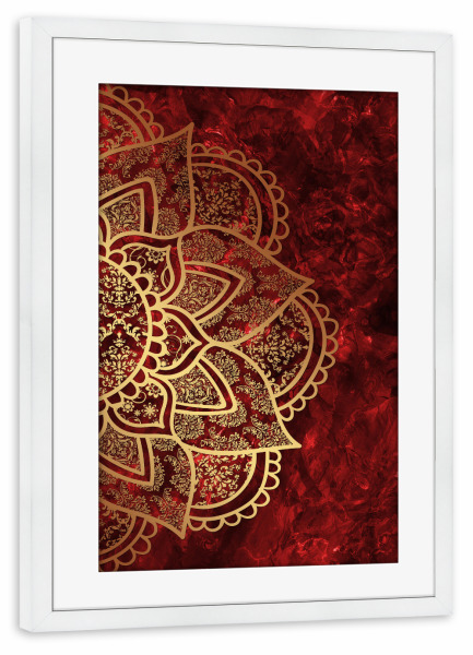Poster mit Rahmen weiß "Mandala Ruby" artboxONE - Abstrakt - Mandala,Boho,Yoga,Arabic,Indian,Ethnic,Red,Ruby,Gold