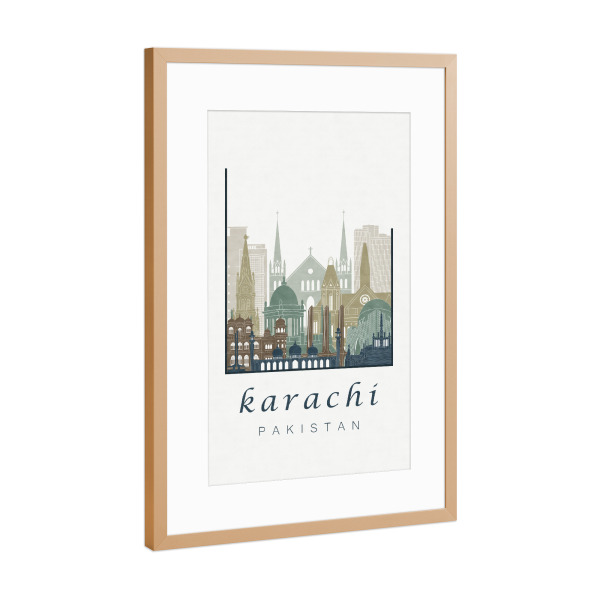 Poster mit Rahmen Kupfer "Karachi skyline light blue" artboxONE - Städte,Reise,Architektur,Kartografie