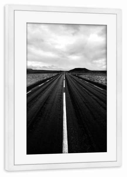 Poster mit Rahmen weiß "Gerade Straße in Island" artboxONE - Reise,Schwarzweiß,Reise / Länder