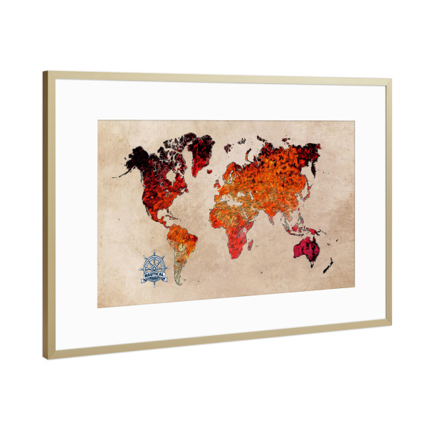 Poster mit Rahmen Gold "World map red cartoon" artboxONE - Reise,Kartografie