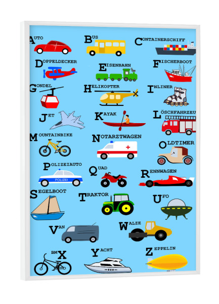 Poster mit weißem Rahmen "ABC Alphabet - Verkehrsmittel" artboxONE - Typografie,Für Kinder,Automobile,Buchstaben