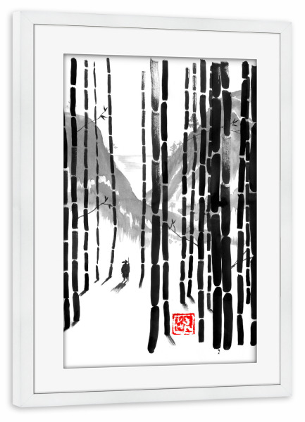 Poster mit Rahmen weiß "Journey to the sea" artboxONE - Natur,Schwarzweiß - Bamboo,Sumie,Japan,Bäume,Trees,Natur,Nature,Schwarzweiß,Blackandwhite