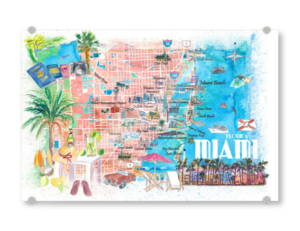 Acrylglasbild "Miami Florida Travel Map" artboxONE - Städte,Reise / Strand und Meer,Kartografie