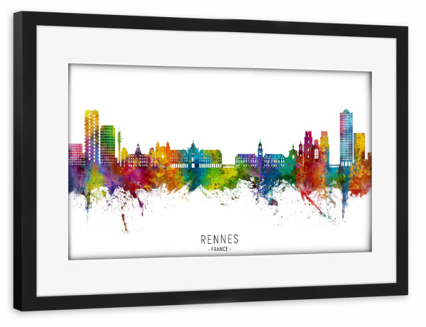 Poster mit Rahmen schwarz "Rennes France Skyline txt" artboxONE - Städte