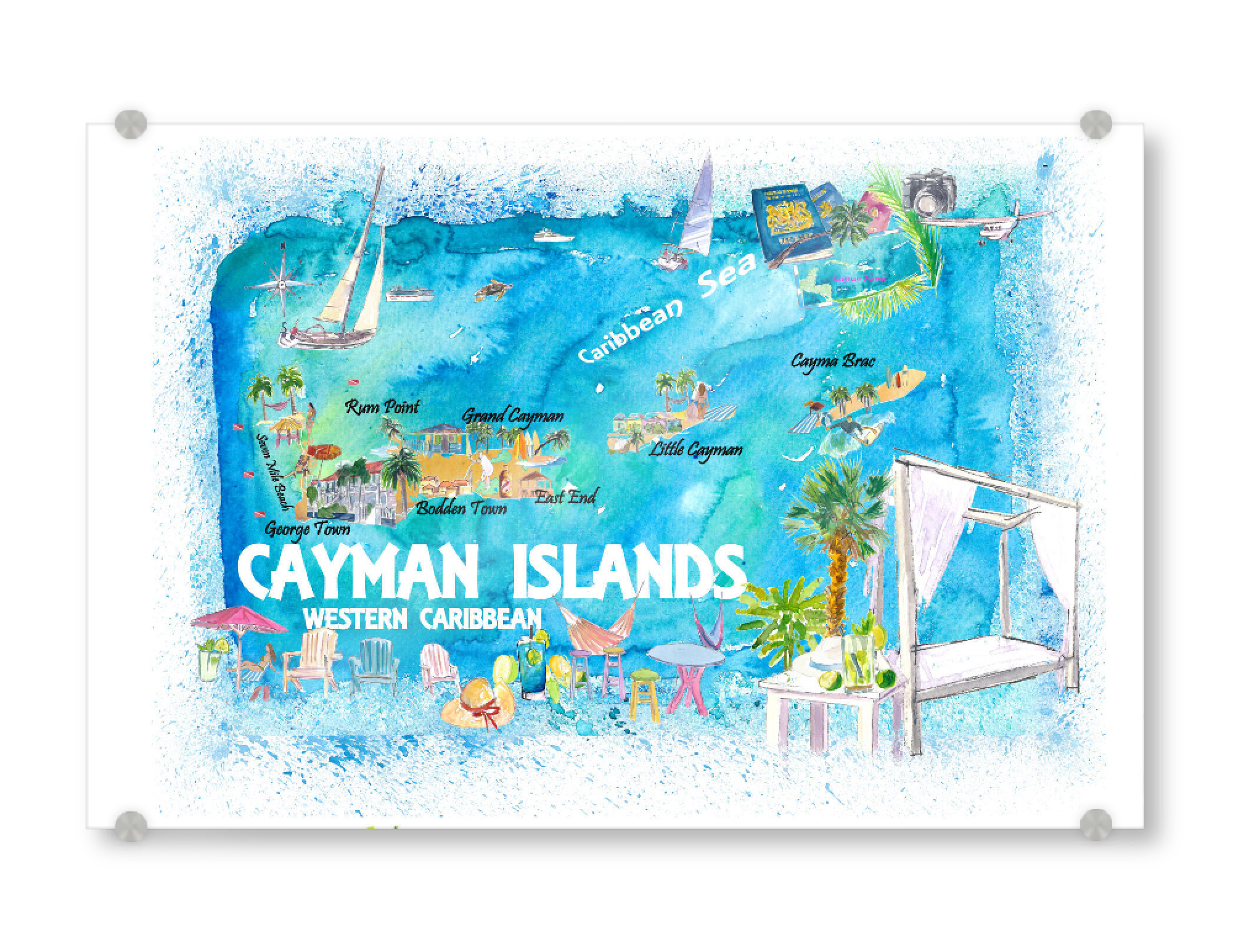Acrylglasbild "Cayman Islands Travel Map" artboxONE - Reise,Reise / Strand und Meer,Kartografie