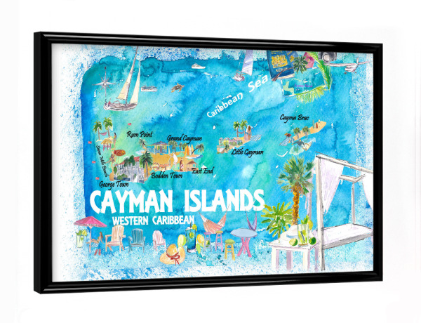 Poster mit schwarzem Rahmen "Cayman Islands Travel Map" artboxONE - Reise,Reise / Strand und Meer,Kartografie