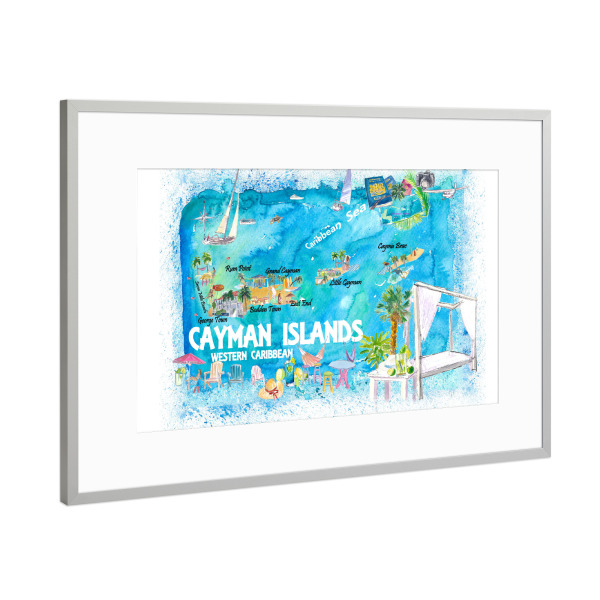 Poster mit Rahmen Silber "Cayman Islands Travel Map" artboxONE - Reise,Reise / Strand und Meer,Kartografie