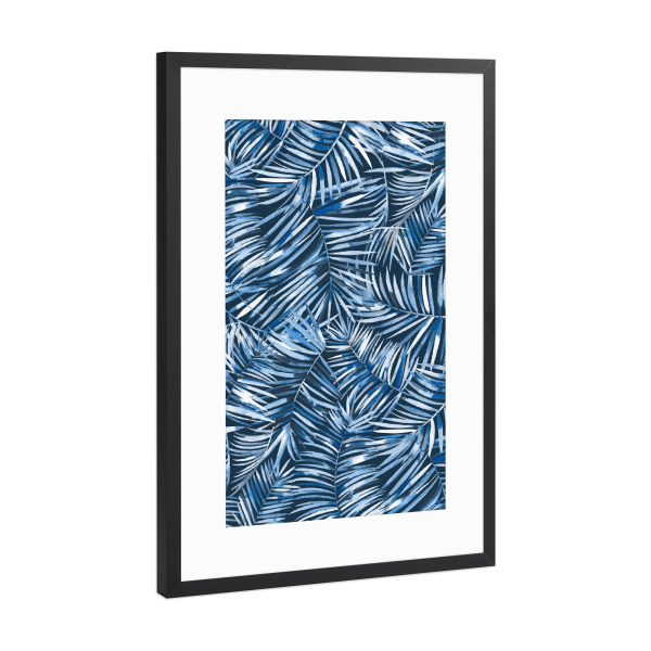 Poster mit Rahmen Schwarz (Metallic) "Tropical Relaxing Palms Yoga Navy" artboxONE - Natur,Festivals