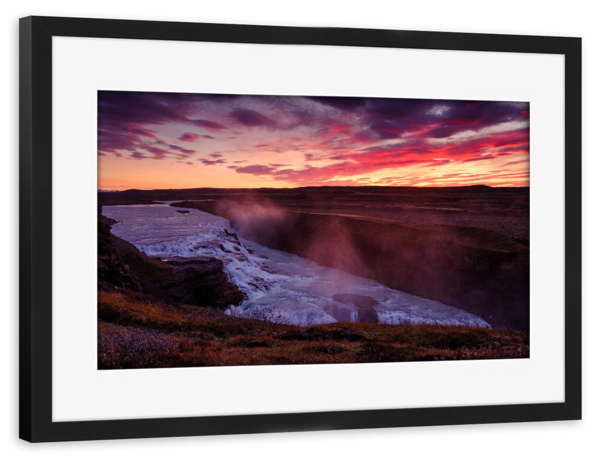 Poster mit Rahmen schwarz "Dramatic sunrise at Gullfoss" artboxONE - Natur