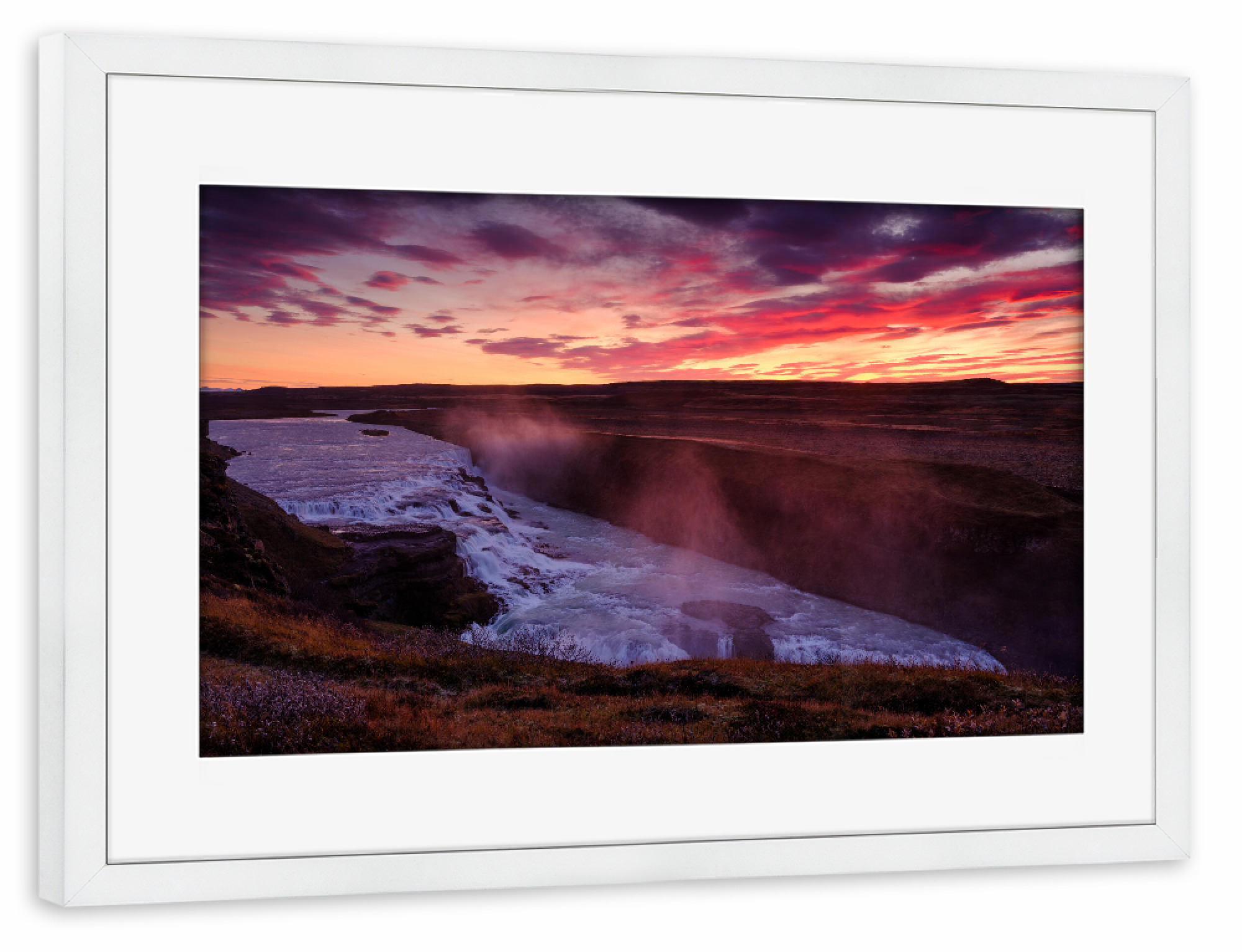 Poster mit Rahmen weiß "Dramatic sunrise at Gullfoss" artboxONE - Natur