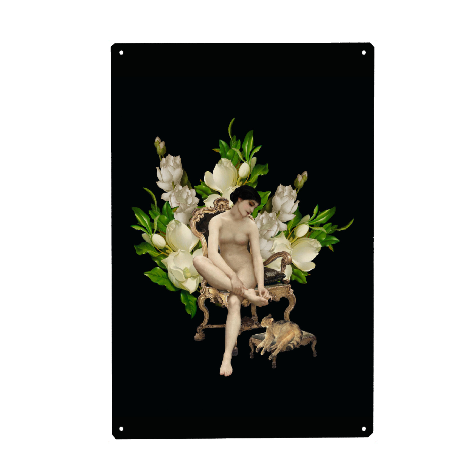 Holzbild "Venus in Chair with Flowers" artboxONE - Natur,Menschen - Woman,Girl,Flower,Floral,Nude,Cat,Antique,Vintage,Blumen,Natur,Nature,Collage