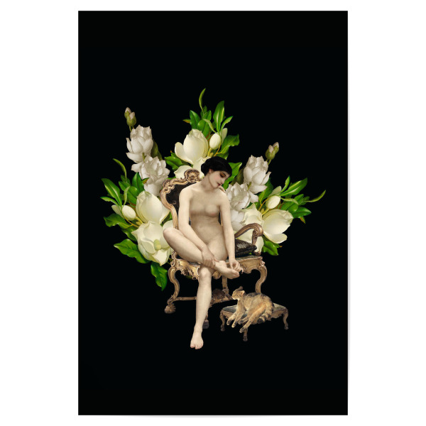 Poster "Venus in Chair with Flowers" artboxONE - Natur,Menschen - Woman,Girl,Flower,Floral,Nude,Cat,Antique,Vintage,Blumen,Natur,Nature,Collage