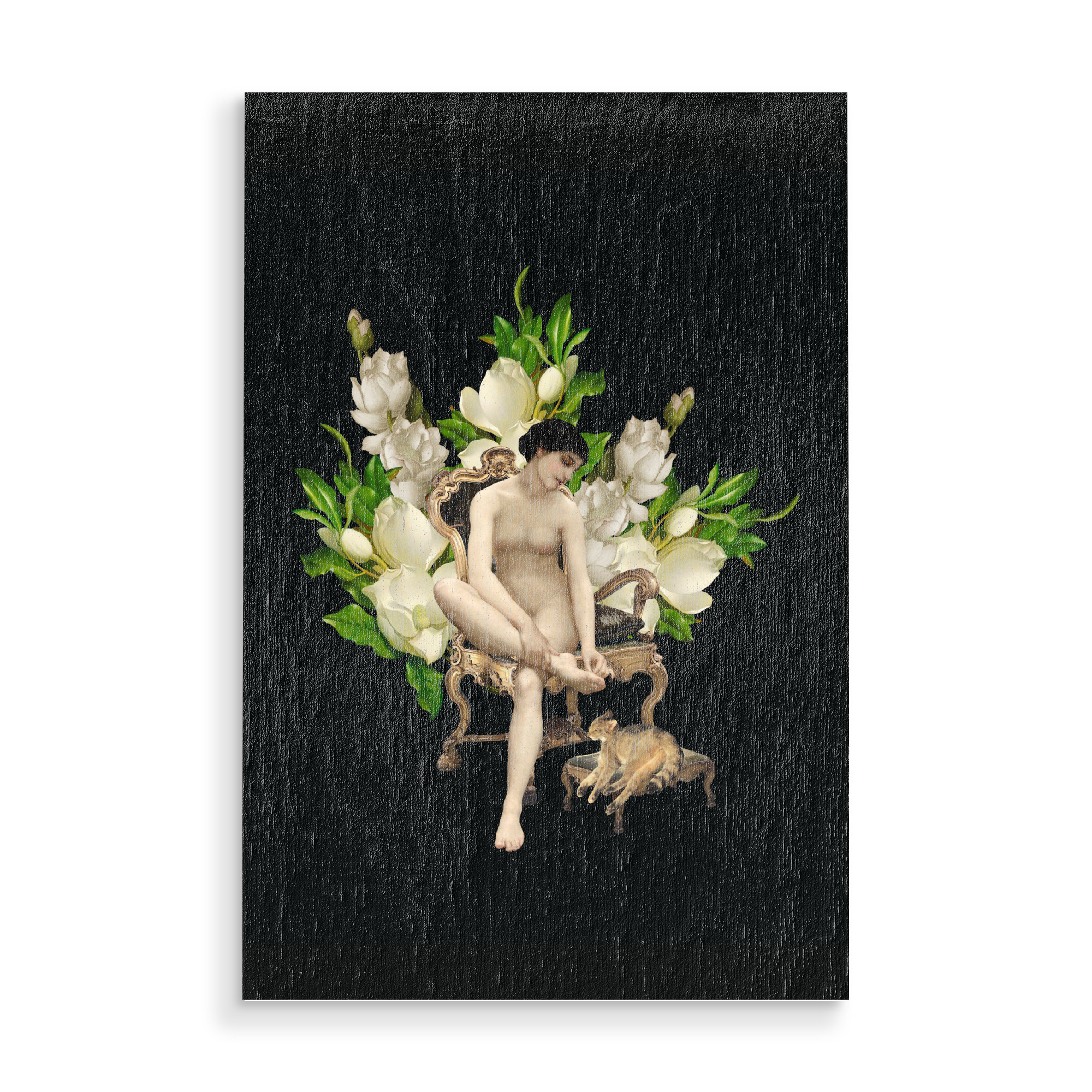 Holzbild "Venus in Chair with Flowers" artboxONE - Natur,Menschen - Woman,Girl,Flower,Floral,Nude,Cat,Antique,Vintage,Blumen,Natur,Nature,Collage