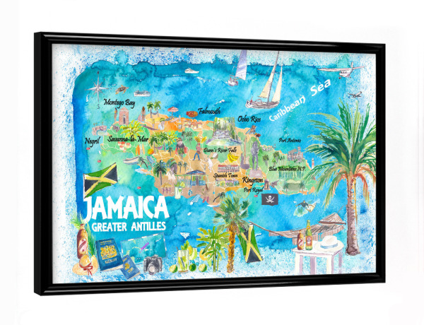 Poster mit schwarzem Rahmen "Jamaica Illustrated Map" artboxONE - Reise,Reise / Strand und Meer,Kartografie