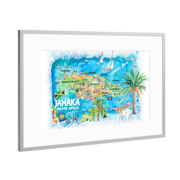 Poster mit Rahmen Silber "Jamaica Illustrated Map" artboxONE - Reise,Reise / Strand und Meer,Kartografie