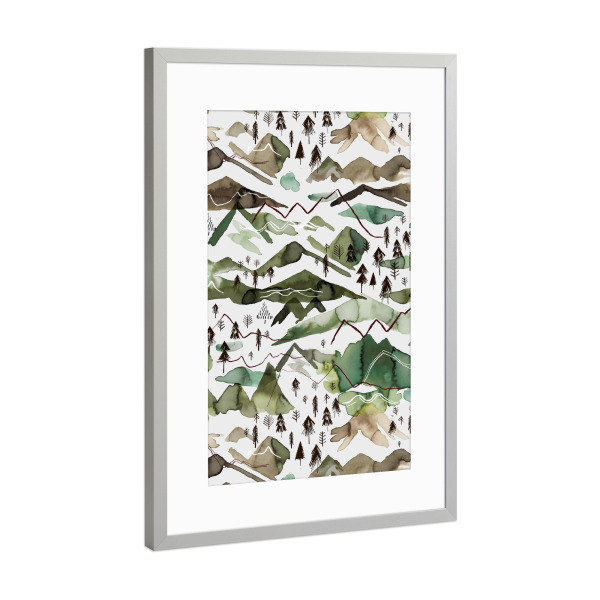 Poster mit Rahmen Silber "Watercolor Mountains Gold Green" artboxONE - Natur,Abstrakt