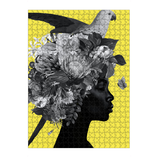Puzzle Ravensburger "Woman Bird Yellow" artboxONE - Floral,Tiere,Menschen - Pantone 2021,Face,Black,Woman,Female,Frau,Pantone,Collage,Vogel,Bird