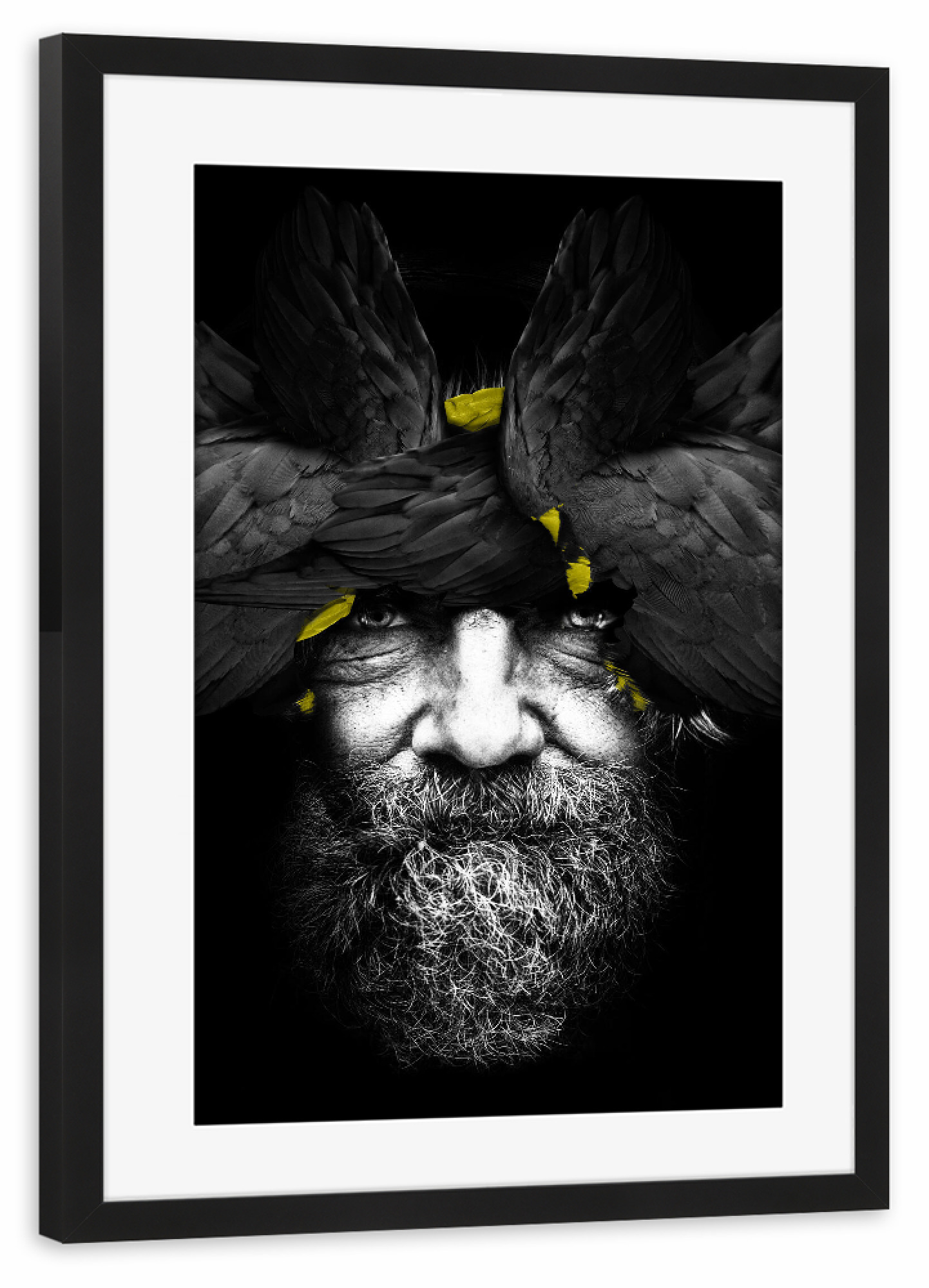Poster mit Rahmen schwarz "Face Bird" artboxONE - Tiere,Abstrakt,Männer - Yellow,Man,Face,Bird,Vögel,Animals,Tiere,Collage,Abstract,Abstrakt