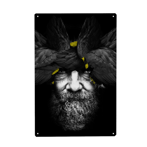 Metall Poster "Face Bird" artboxONE - Tiere,Abstrakt,Männer - Pantone 2021,Yellow,Man,Face,Bird,Vögel,Animals,Tiere,Collage,Abstract,Abstrakt