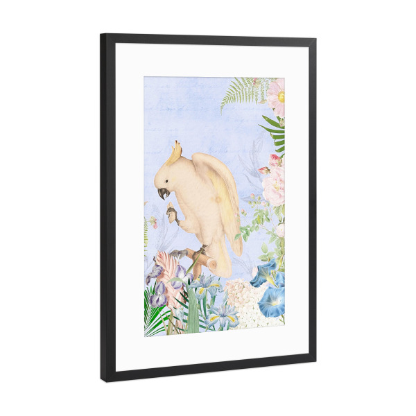 Poster mit Rahmen Schwarz (Metallic) "Antique Parrot And Flowers" artboxONE - Natur,Floral,Tiere