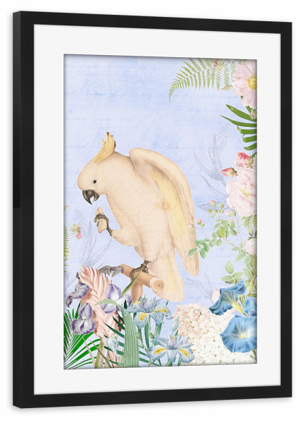 Poster mit Rahmen schwarz "Antique Parrot And Flowers" artboxONE - Natur,Floral,Tiere