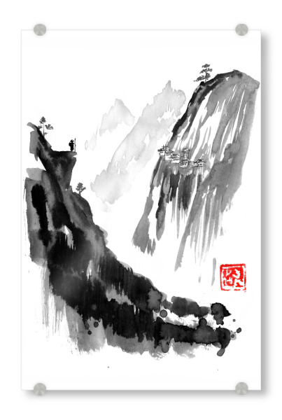 Acrylglasbild "The traveller and the village" artboxONE - Natur - Sumie,Japan,Berge,Mountains,Schwarzweiß,Blackandwhite,Malerei,Natur,Nature,Felsen