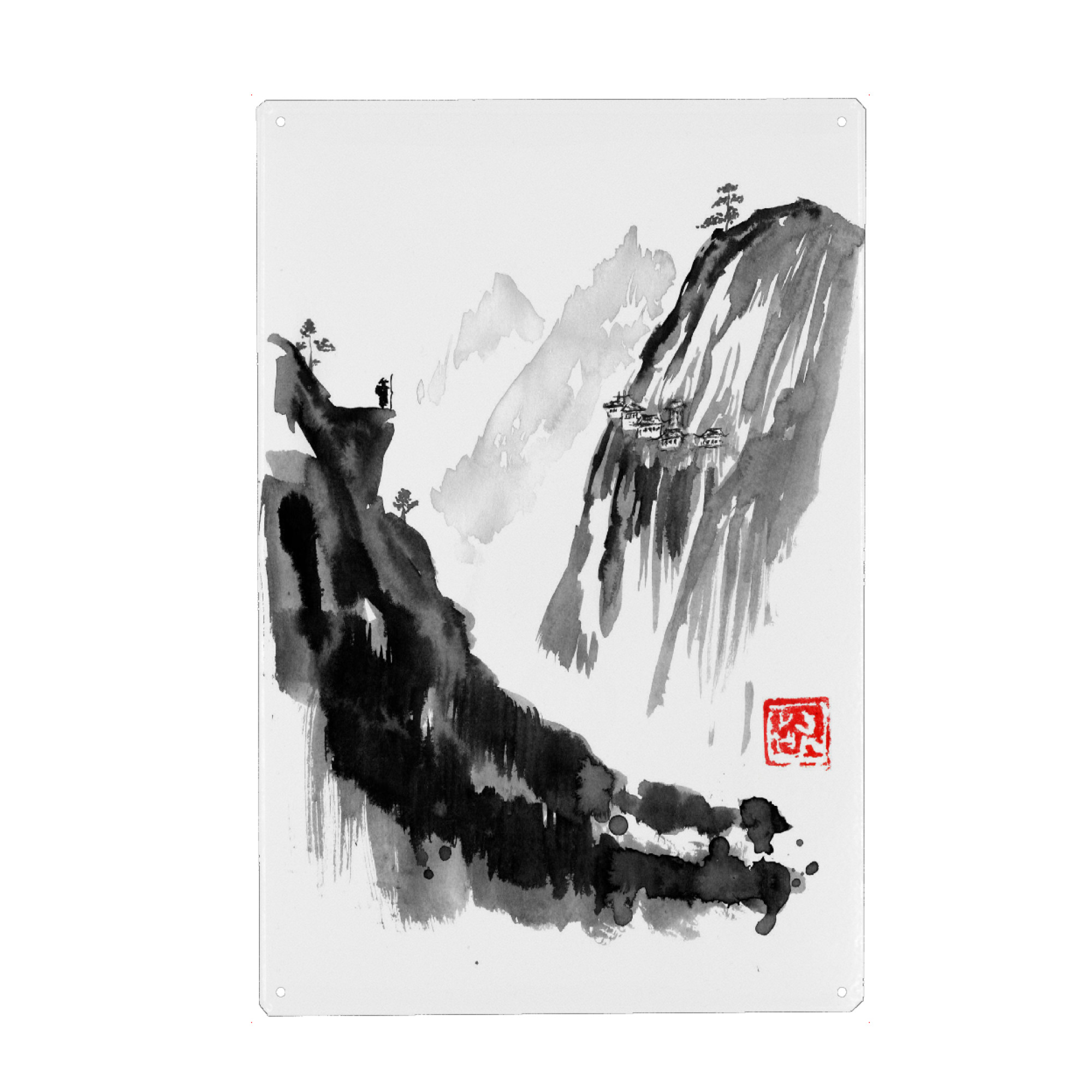 Metall Poster "The traveller and the village" artboxONE - Natur - Sumie,Japan,Berge,Mountains,Schwarzweiß,Blackandwhite,Malerei,Natur,Nature,Felsen