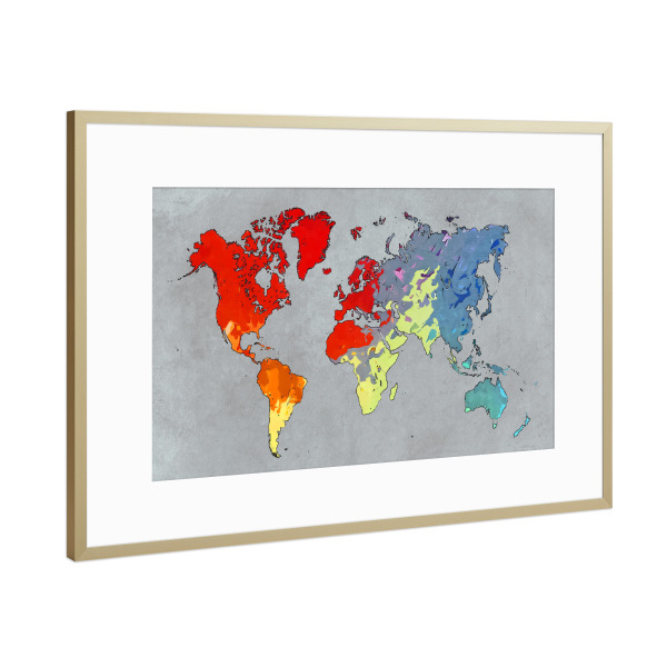 Poster mit Rahmen Gold "World map colors cartoon" artboxONE - Reise,Kartografie