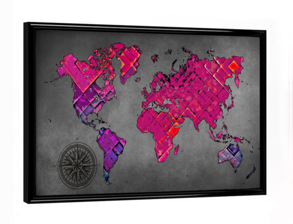 Poster mit schwarzem Rahmen "World map black and purple cartoon" artboxONE - Reise,Kartografie